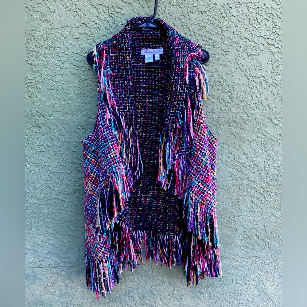 EUC Vtg MEGHAN FABULOUS Multicolored Woven Boho Vest/Shug Fringe Size 2x